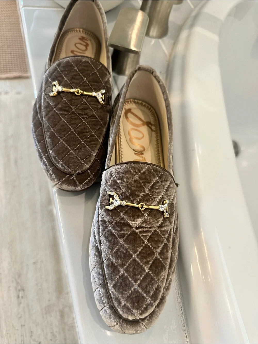 Sam Edelman Quilted Velvet Loafers in Brownish Gray with Gold Hardware